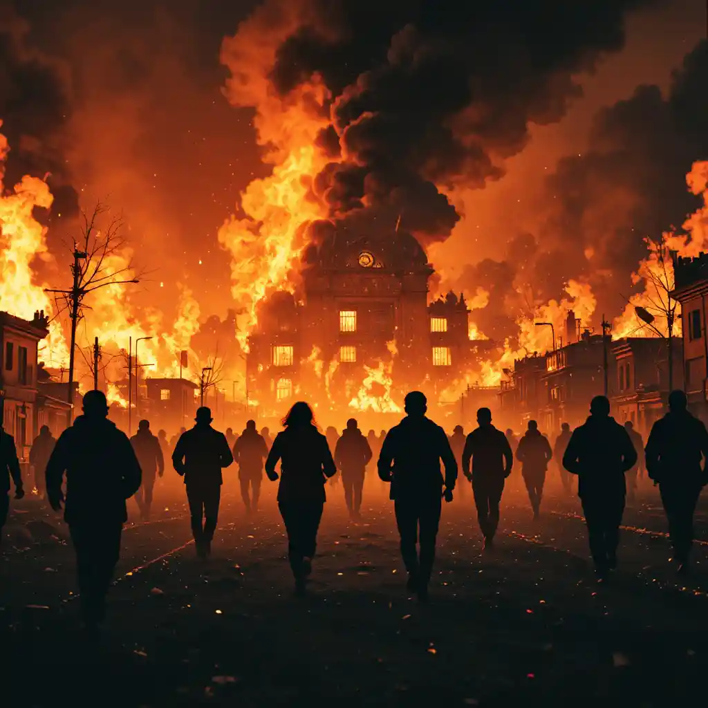 Folla in controluce che corre tra le fiamme di una città apocalittica