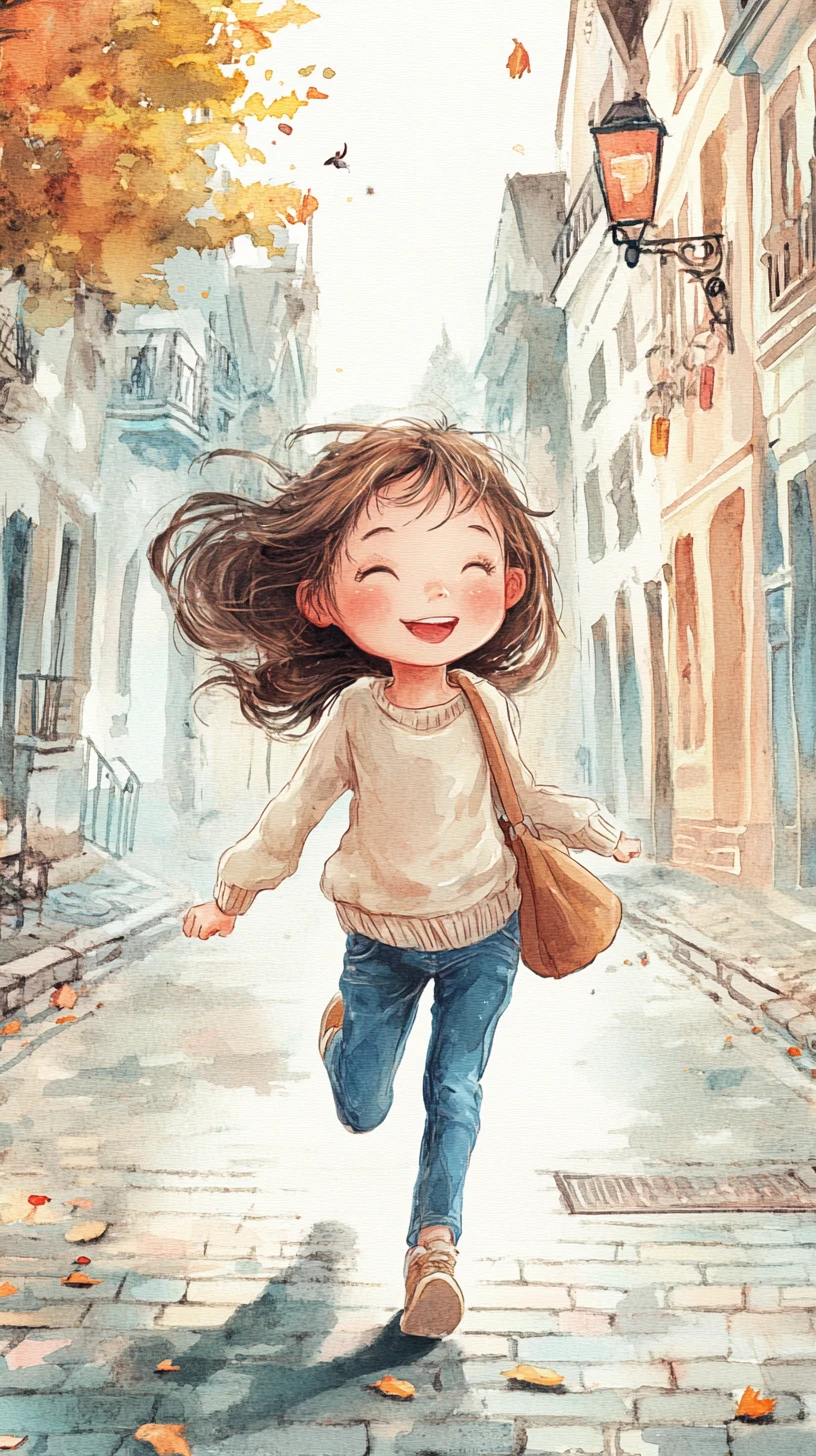 도시 거리의 물웅덩이를 맨발로 첨벙거리며 뛰노는 즐거운 소녀
