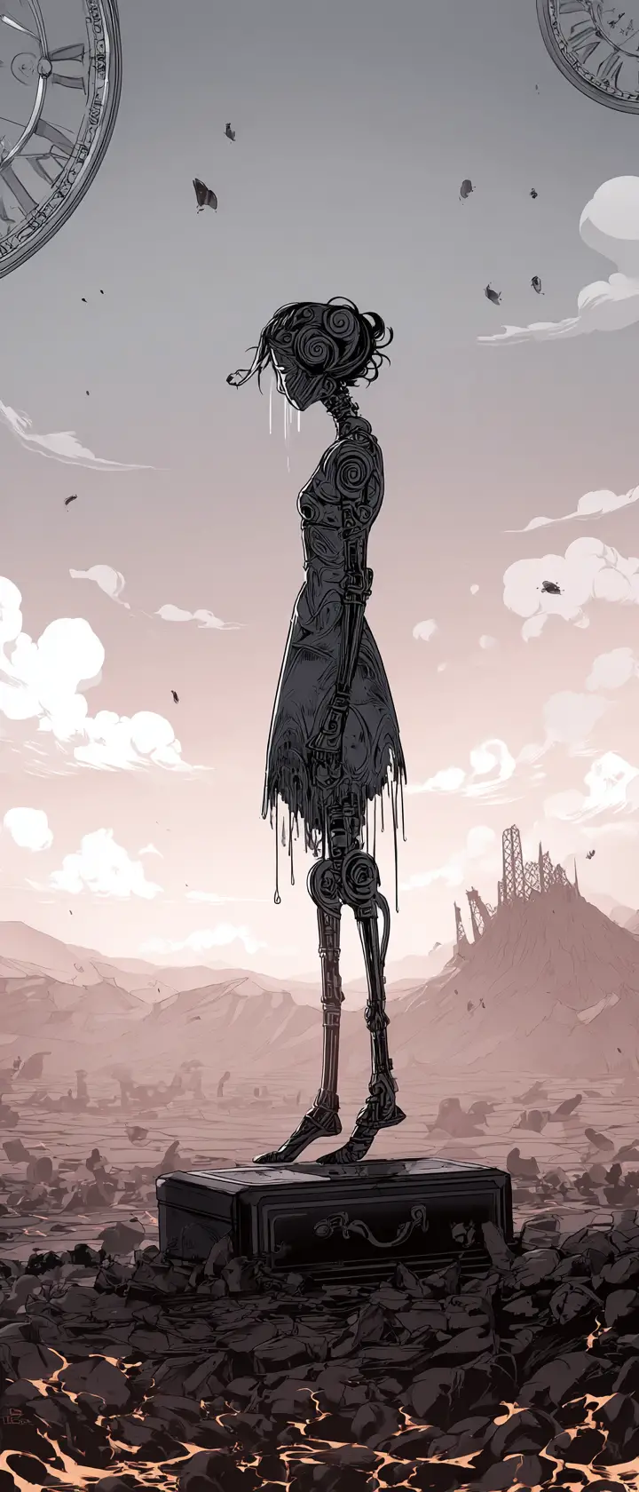 Surreal anime woman on burning plain reaching for melting clock