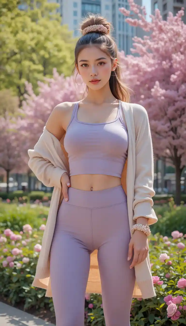 Mulher estilosa em athleisure em tons pastéis posando em um parque urbano