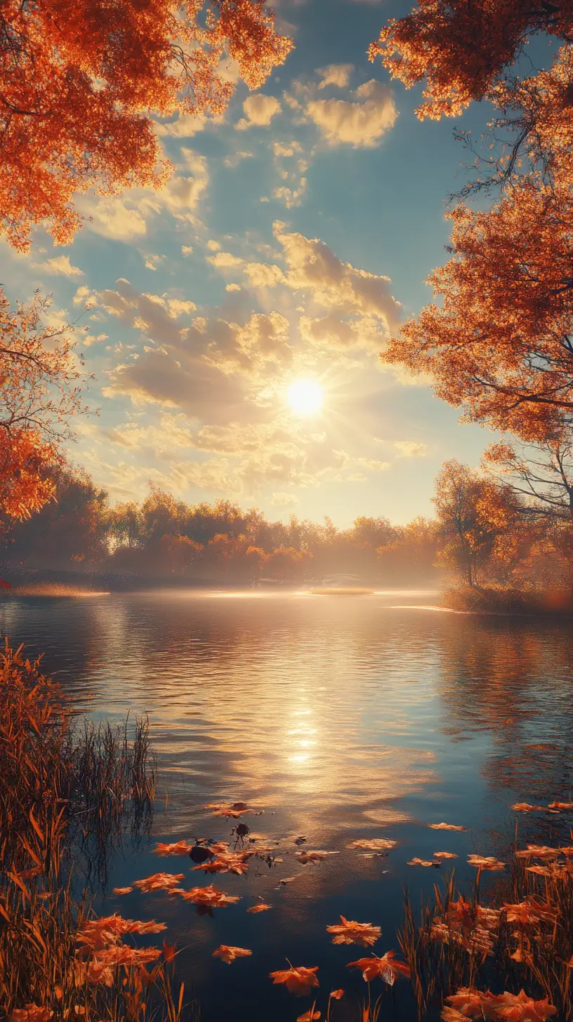 Smiling sun over a lake in mixed seasons fantasy