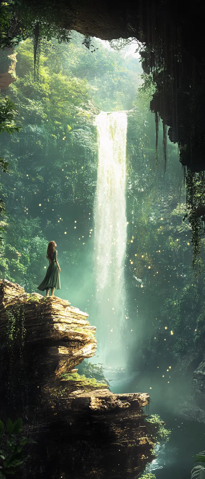 Sorceress At Ancient Waterfall Grotto In Sunlit Mist