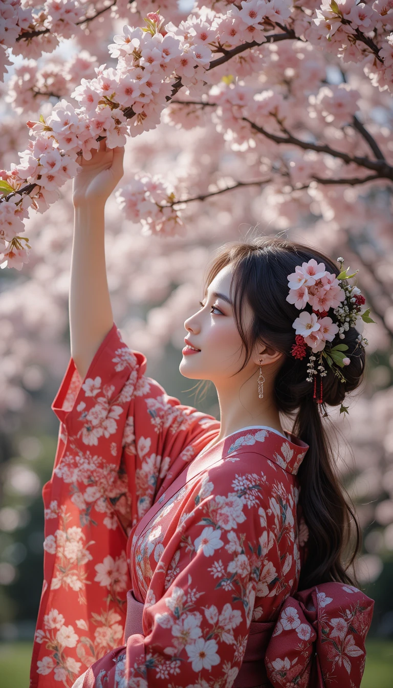 Jovem japonesa de quimono alcançando as flores de cerejeira
