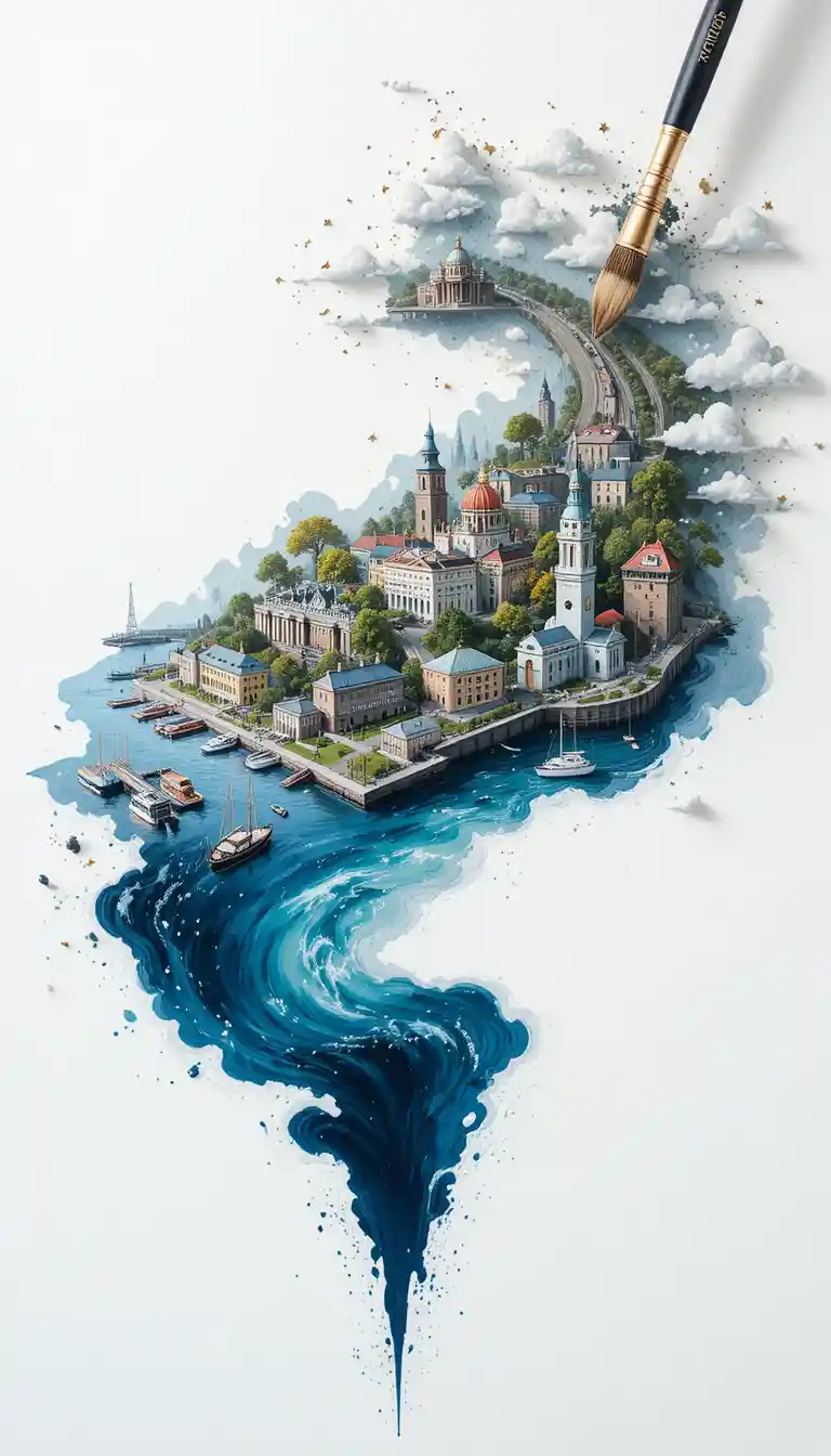 Pinselstrich erschafft einen 3D-Stadtblick von Helsinki als Kalligrafieschwung