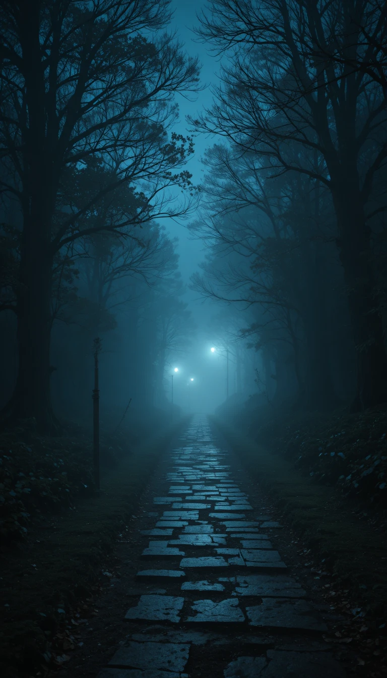 Geheimnisvoller Waldpfad in der Nacht mit fernen leuchtenden Lichtern