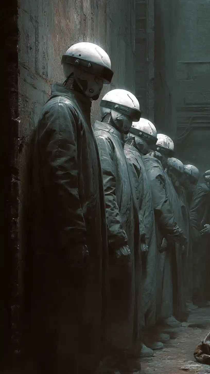 Close up of enslaved workers guarded by robotic police