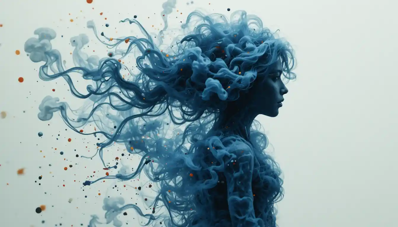 Female silhouette dissolving into swirling blue and grey smoke