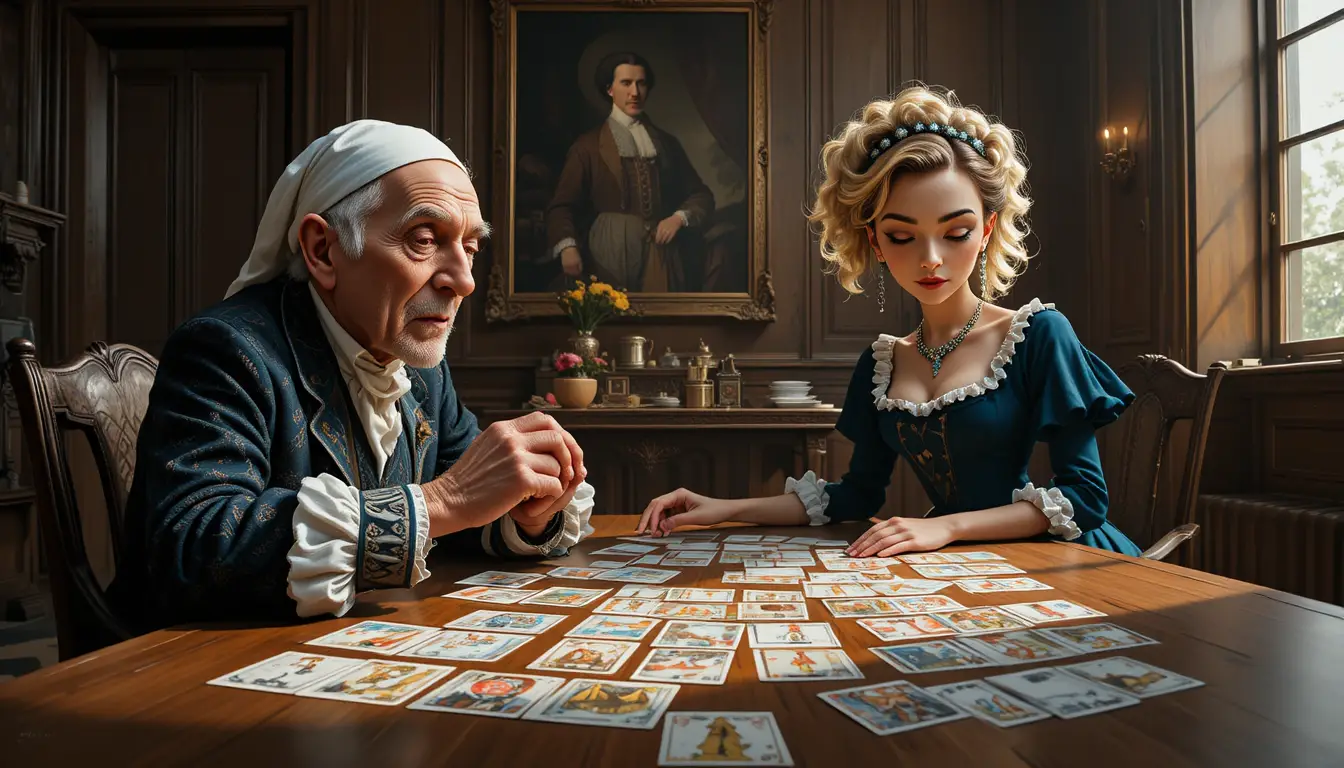 Älterer Mann und junge Frau legen Tarotkarten