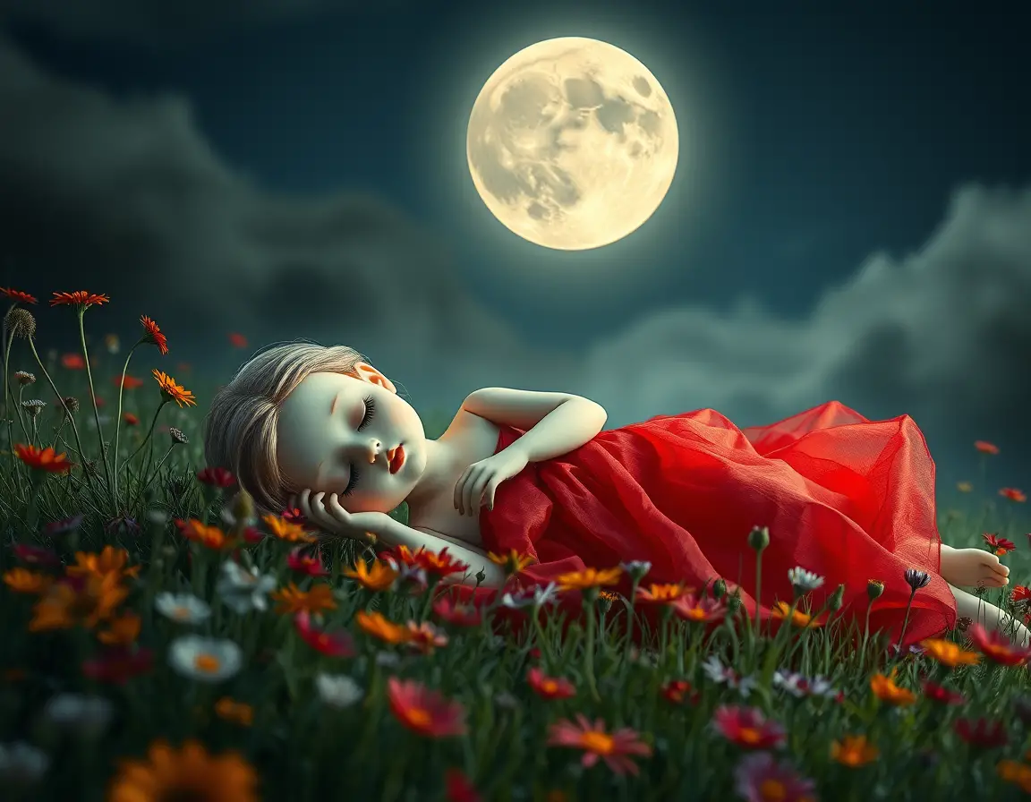 Bambola di porcellana con vestito rosso che dorme in un prato al chiaro di luna