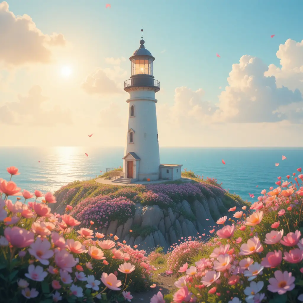 海と春の花に囲まれた陽だまりの丘の灯台