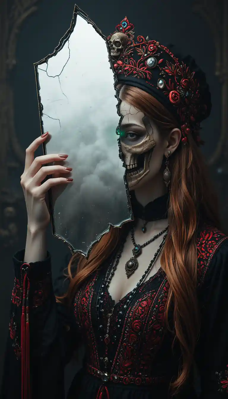 Femme slave gothique tenant un éclat de miroir au reflet mortel