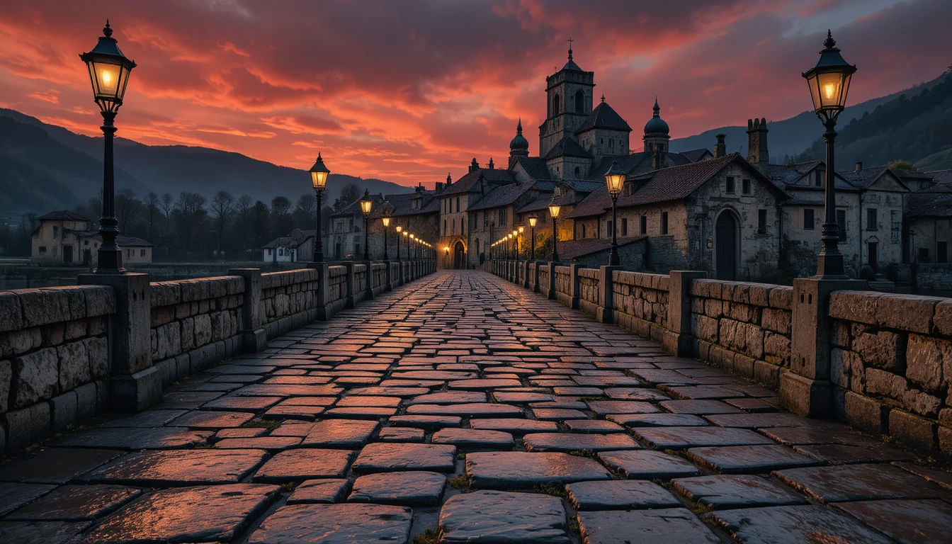 Antiga ponte de pedra levando a uma aldeia ao pôr do sol