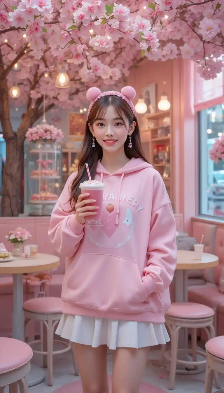 Ragazza con felpa pastello e milkshake sotto i ciliegi in fiore