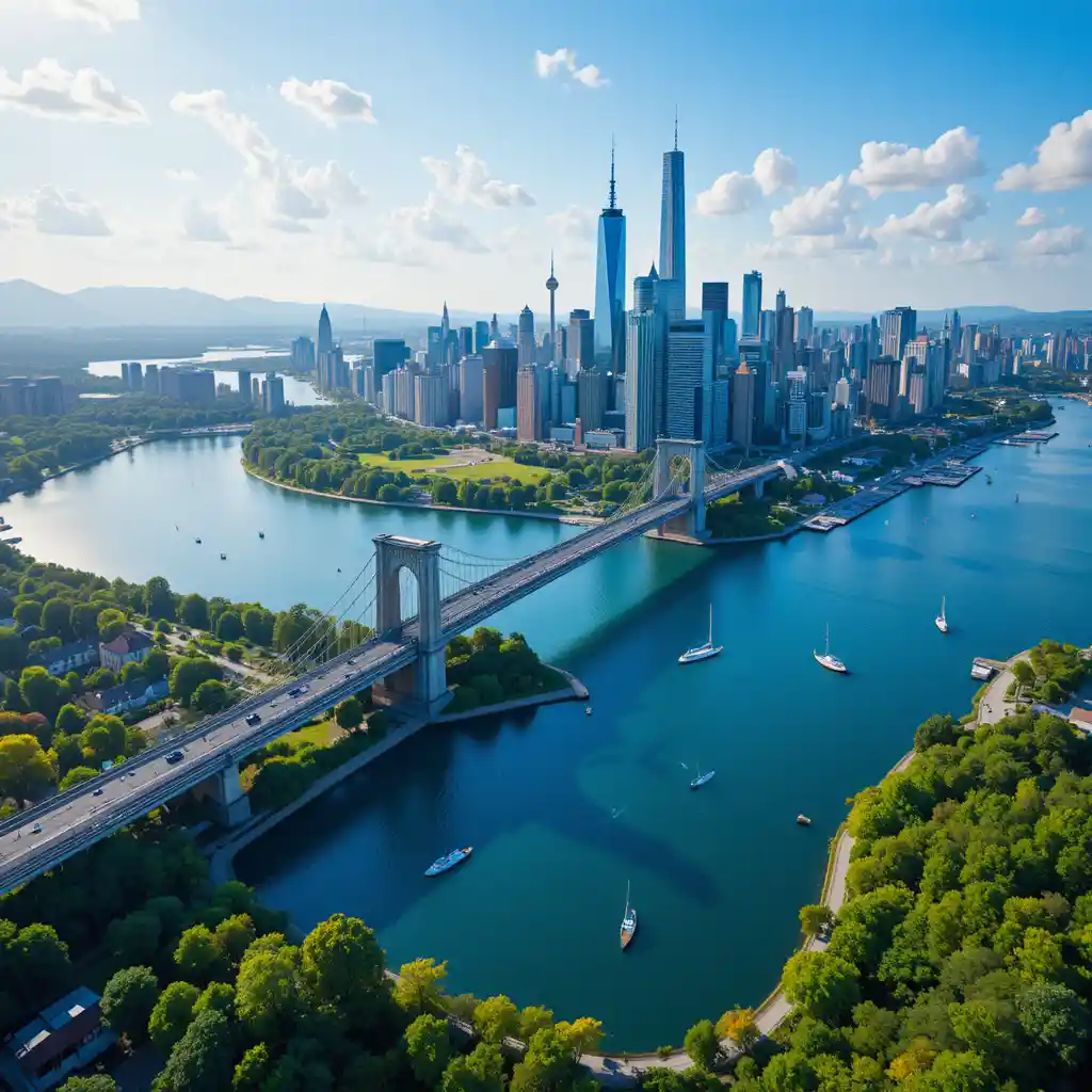 Horizonte urbano moderno junto a un lago azul con puente de torre