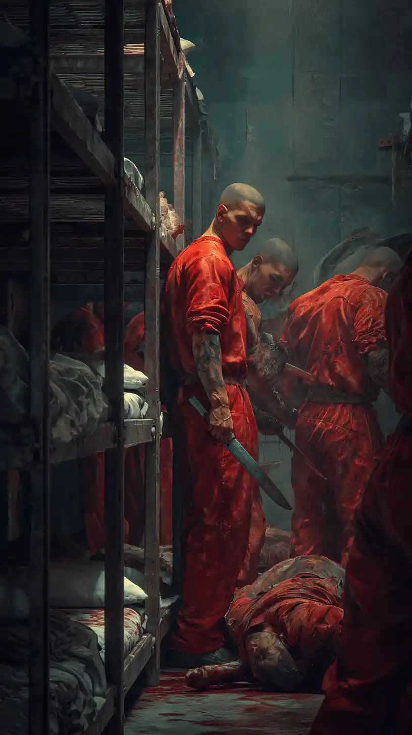 Latino gangsters fighting inside a crowded prison cell