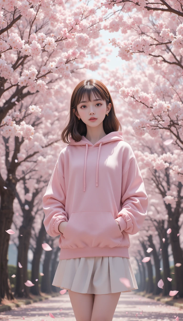 Garota de anime fofa sob flores de cerejeira em roupa rosa pastel