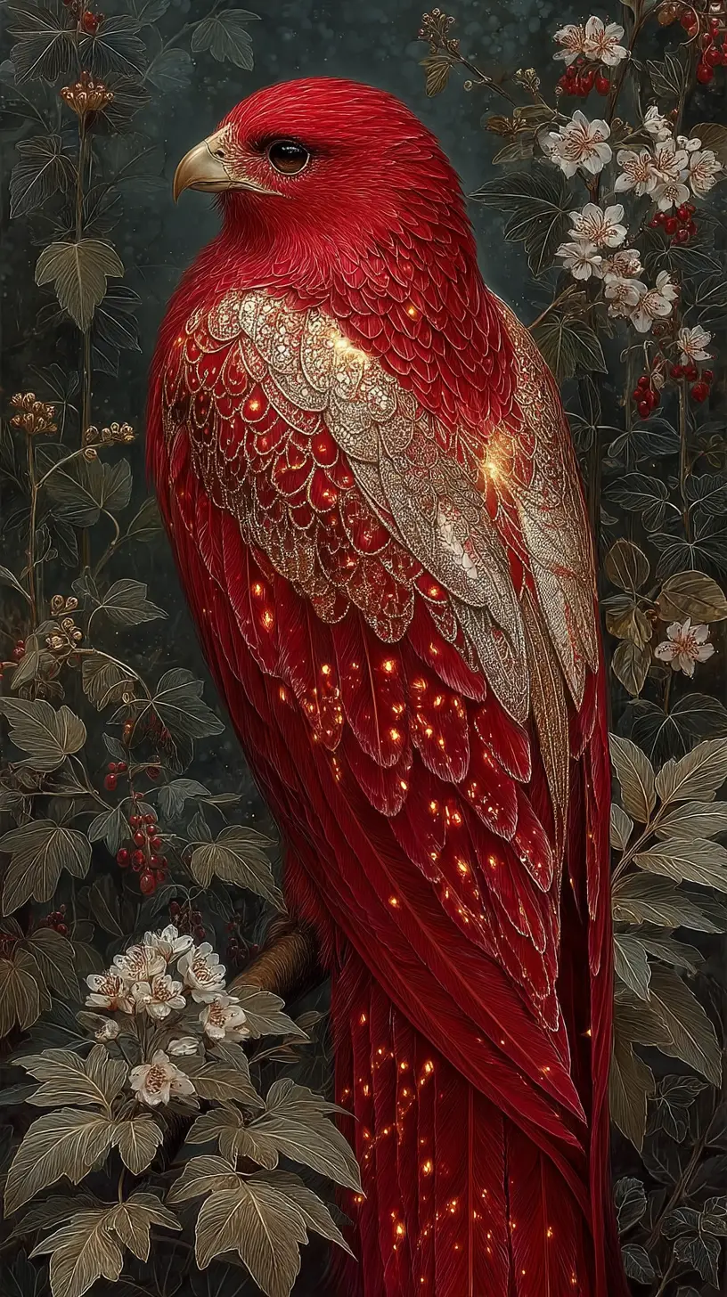 Fiery Russian firebird soaring in an enchanted forest