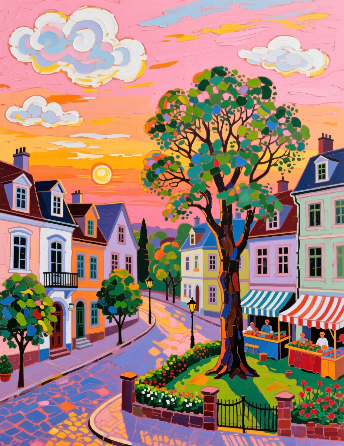 Pintura al óleo bohemia de un pequeño pueblo animado al amanecer