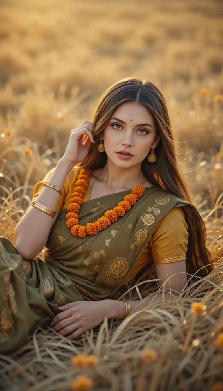 Südindische Frau, die sich bei Golden Hour im trockenen Gras zurücklehnt