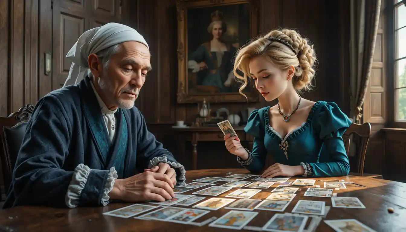 Hombre mayor y mujer joven leyendo cartas del tarot juntos