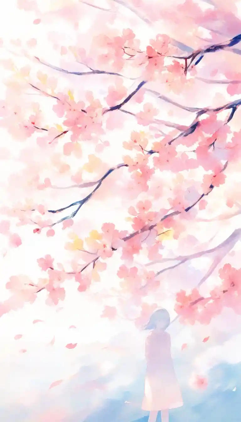 Watercolor girl among pale pink cherry blossoms in spring