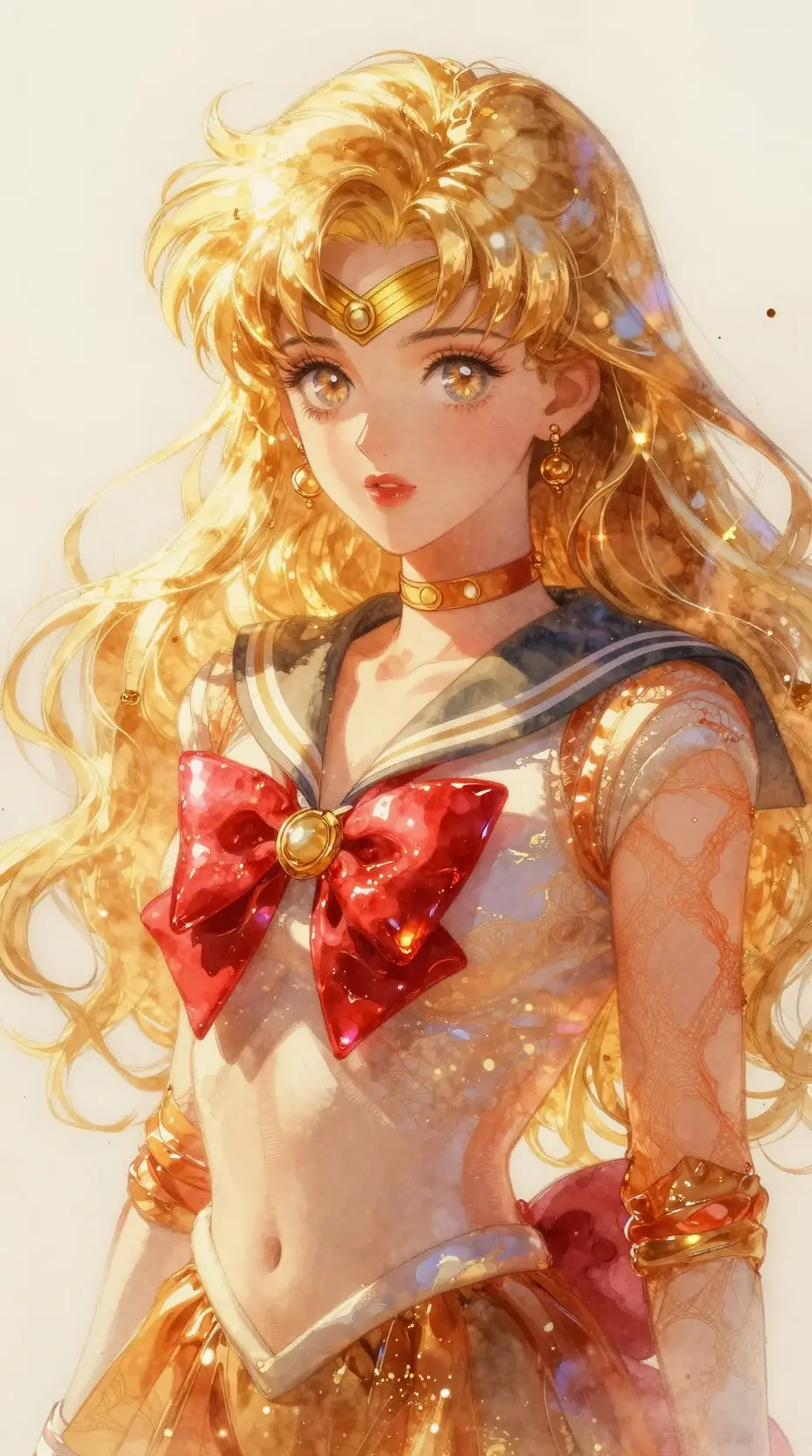Watercolor portrait of a glowing golden haired anime woman