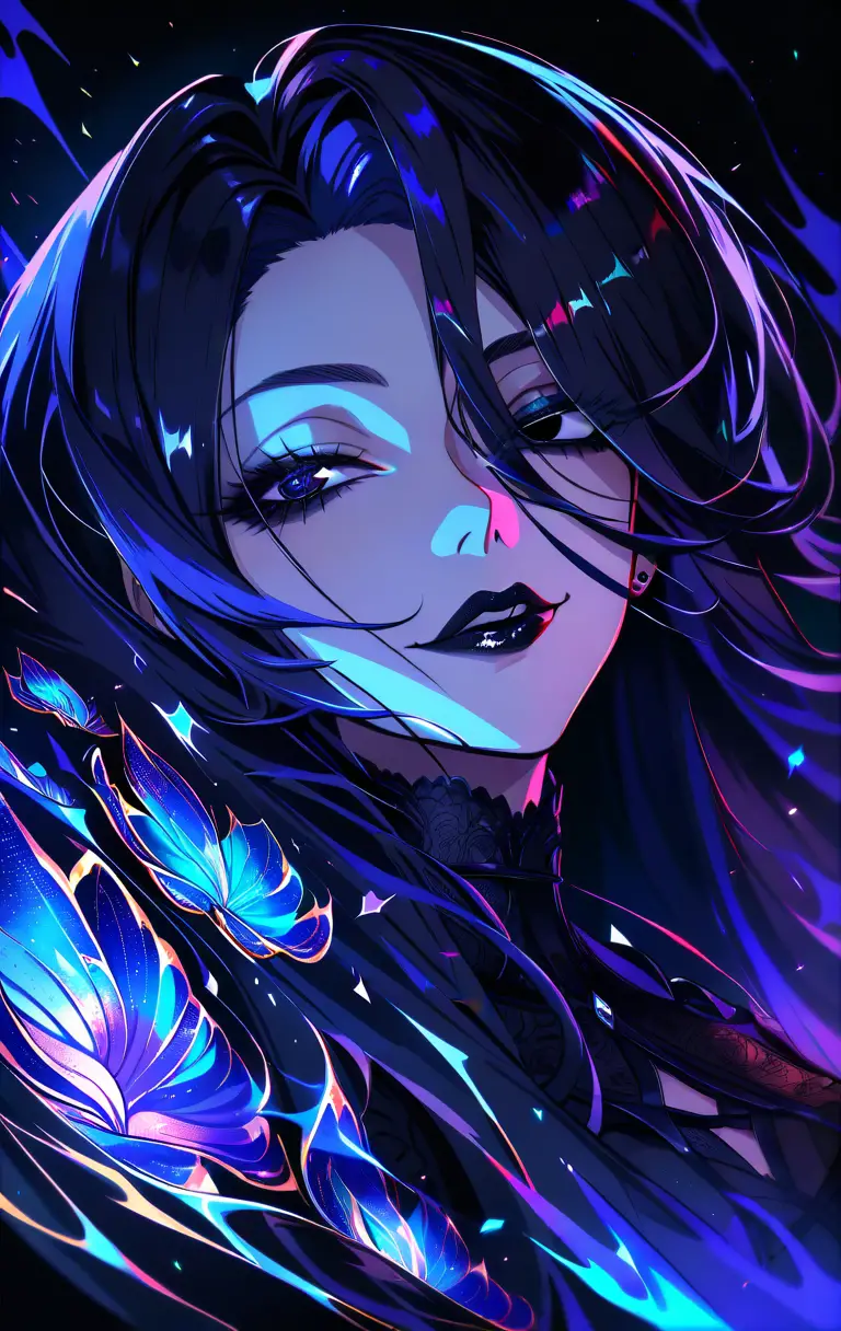 Primer plano de mujer gótica estilo anime con ojos azules y maquillaje oscuro