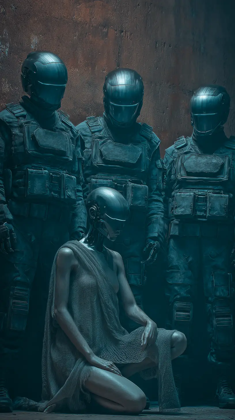 Gros plan sur des prisonniers dans une prison industrielle futuriste