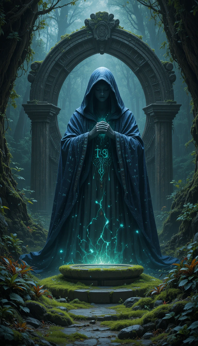 黑暗森林中古老祭壇上的發光符文斗篷