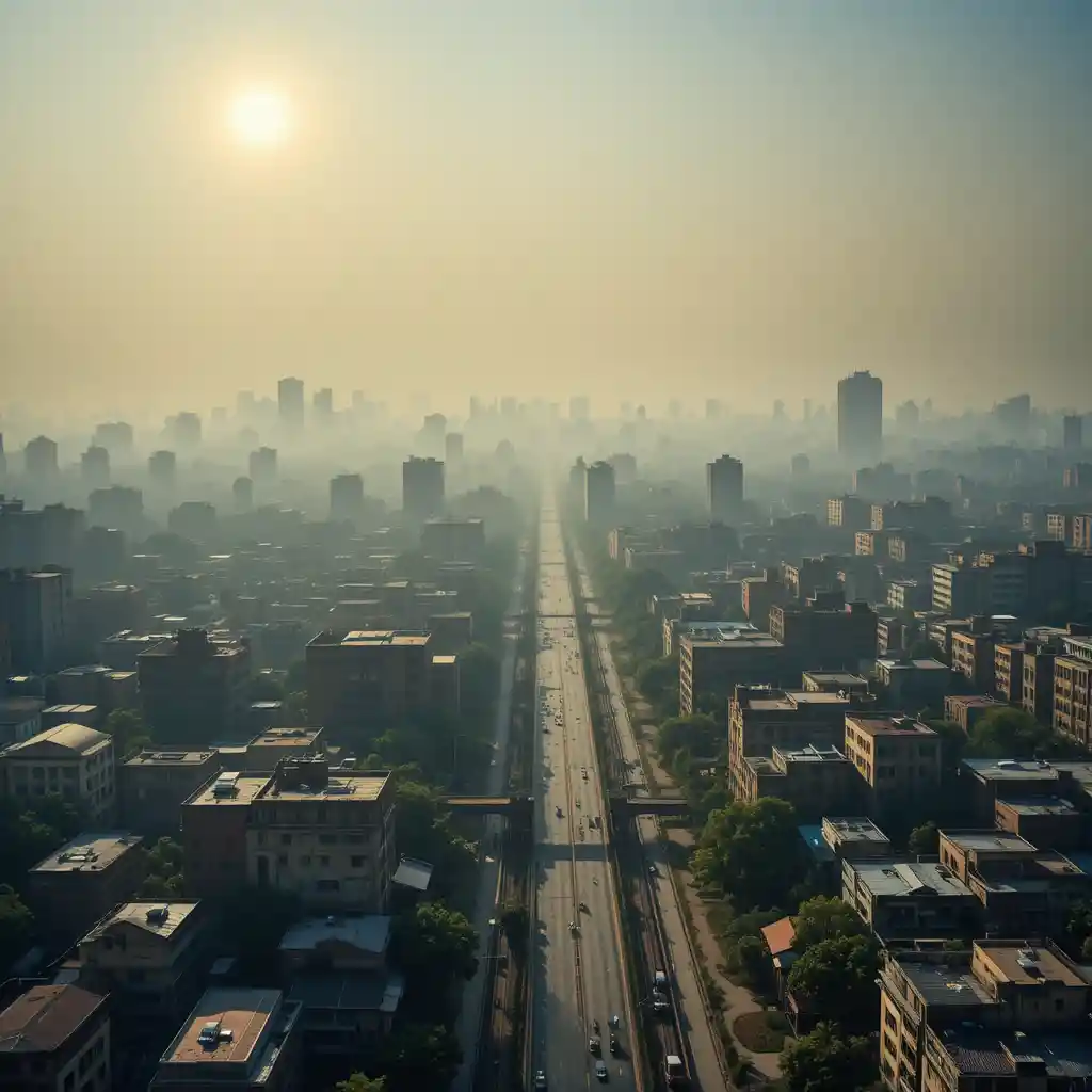Dichte indische Stadt von oben bei dunstigem Sonnenschein
