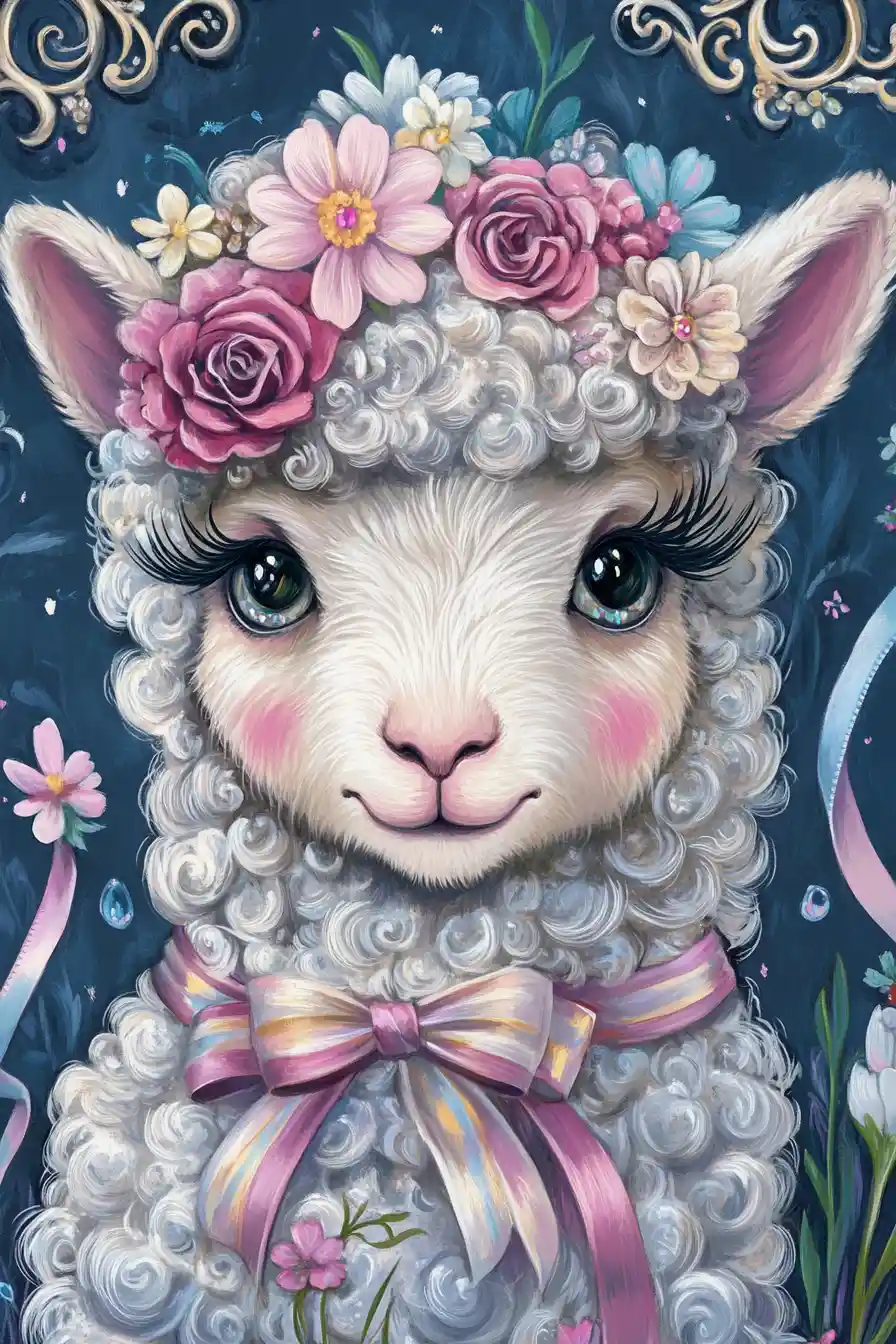 Fluffy lamb diva with pastel ribbons and flowers