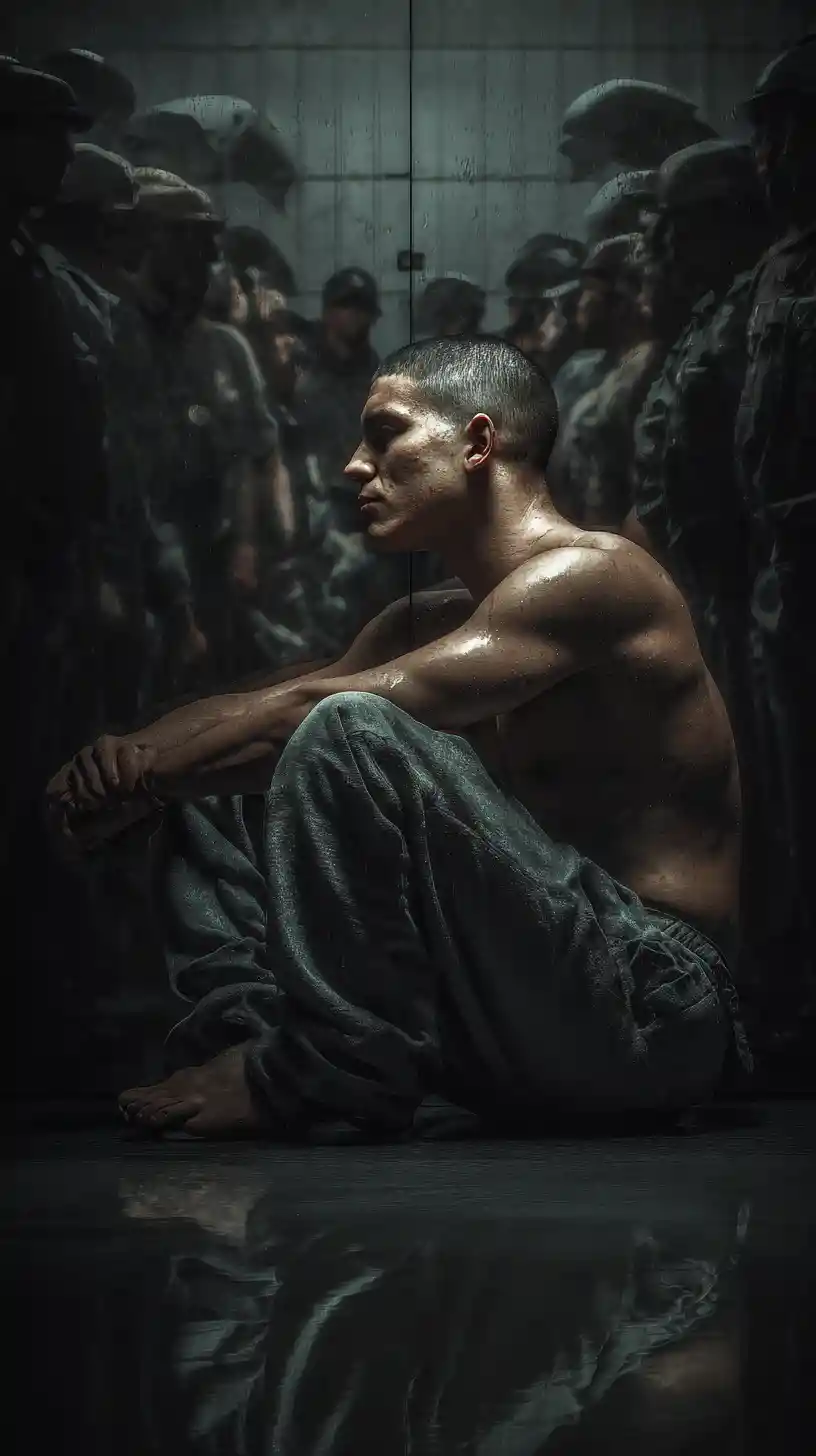 Latino prisoners sitting on the floor guarded by armed cops