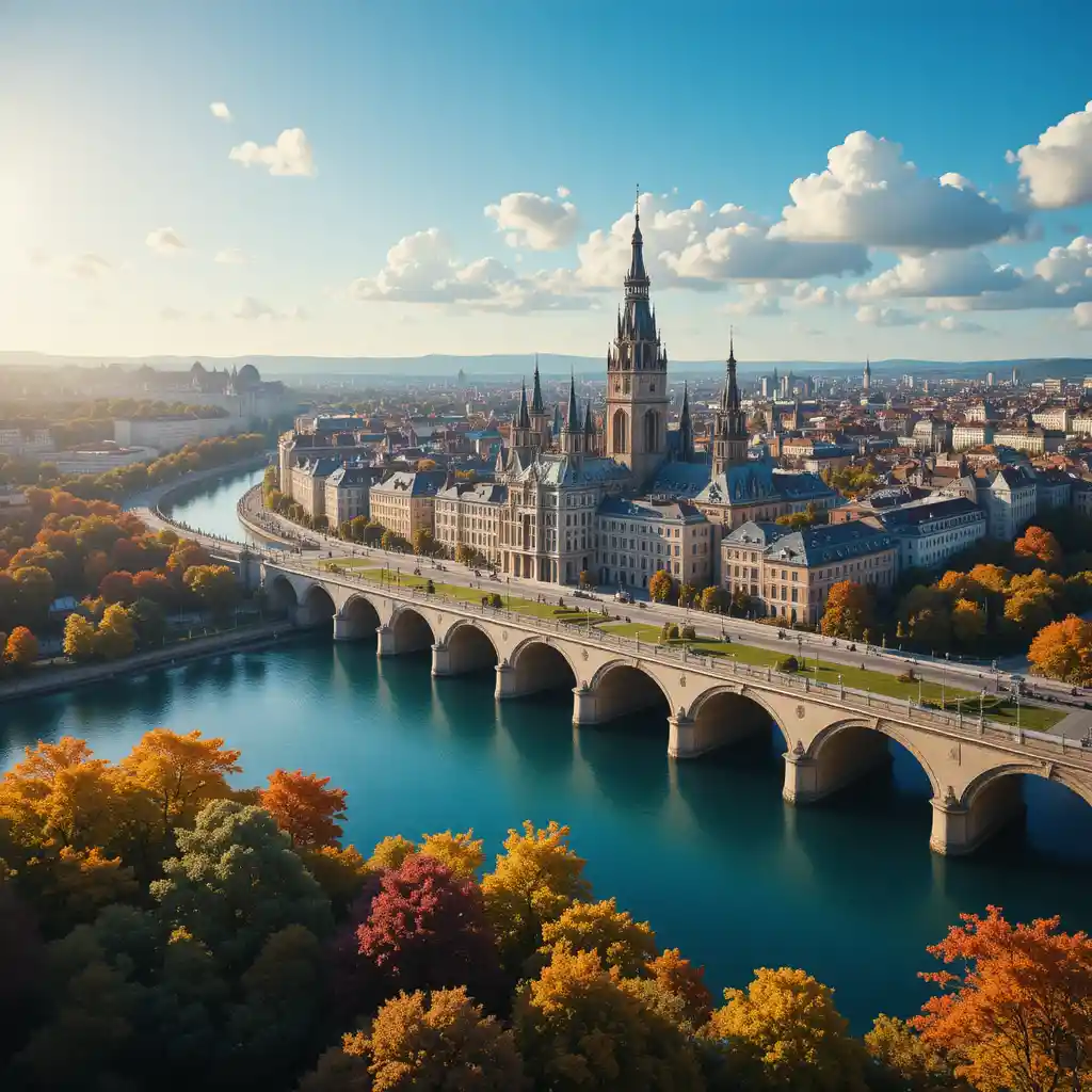 Sunny riverside cityscape with grand historic architecture