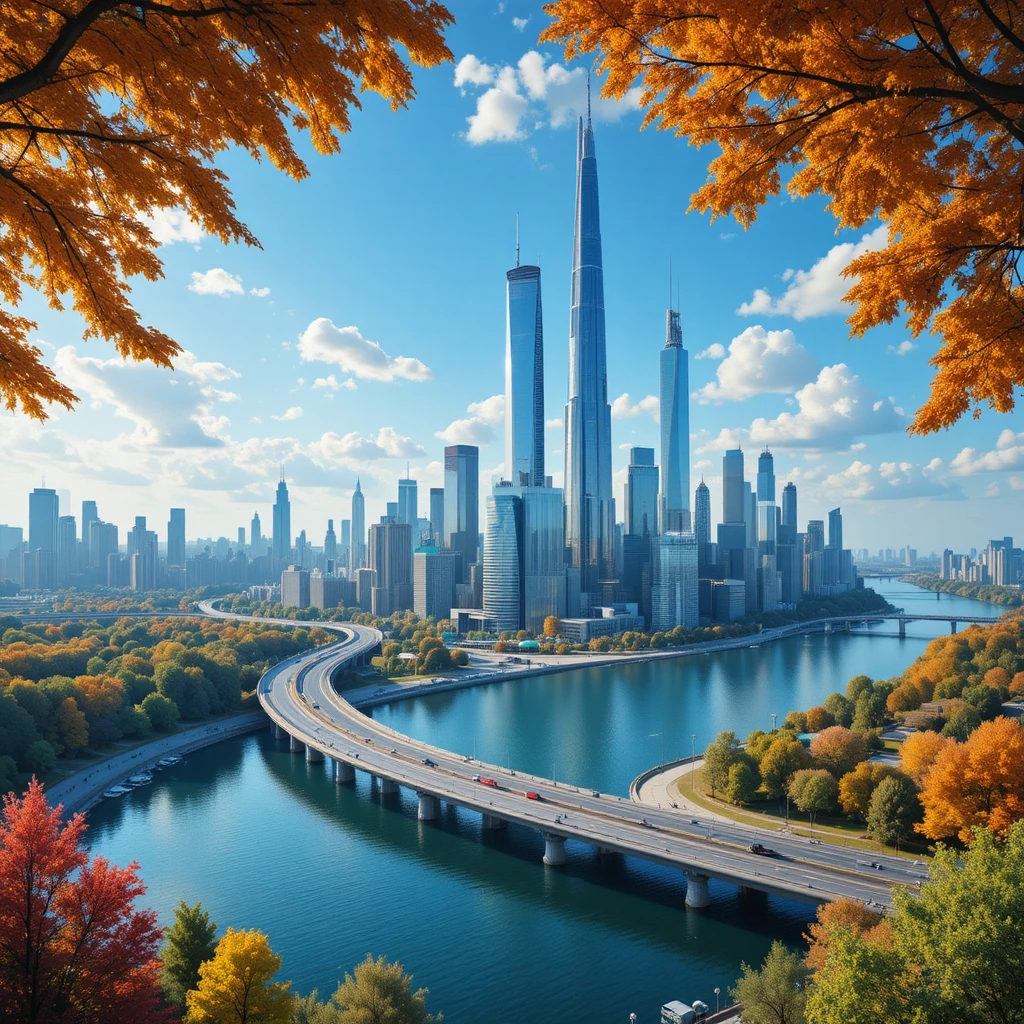 Paisaje urbano moderno junto al río con autopistas y rascacielos