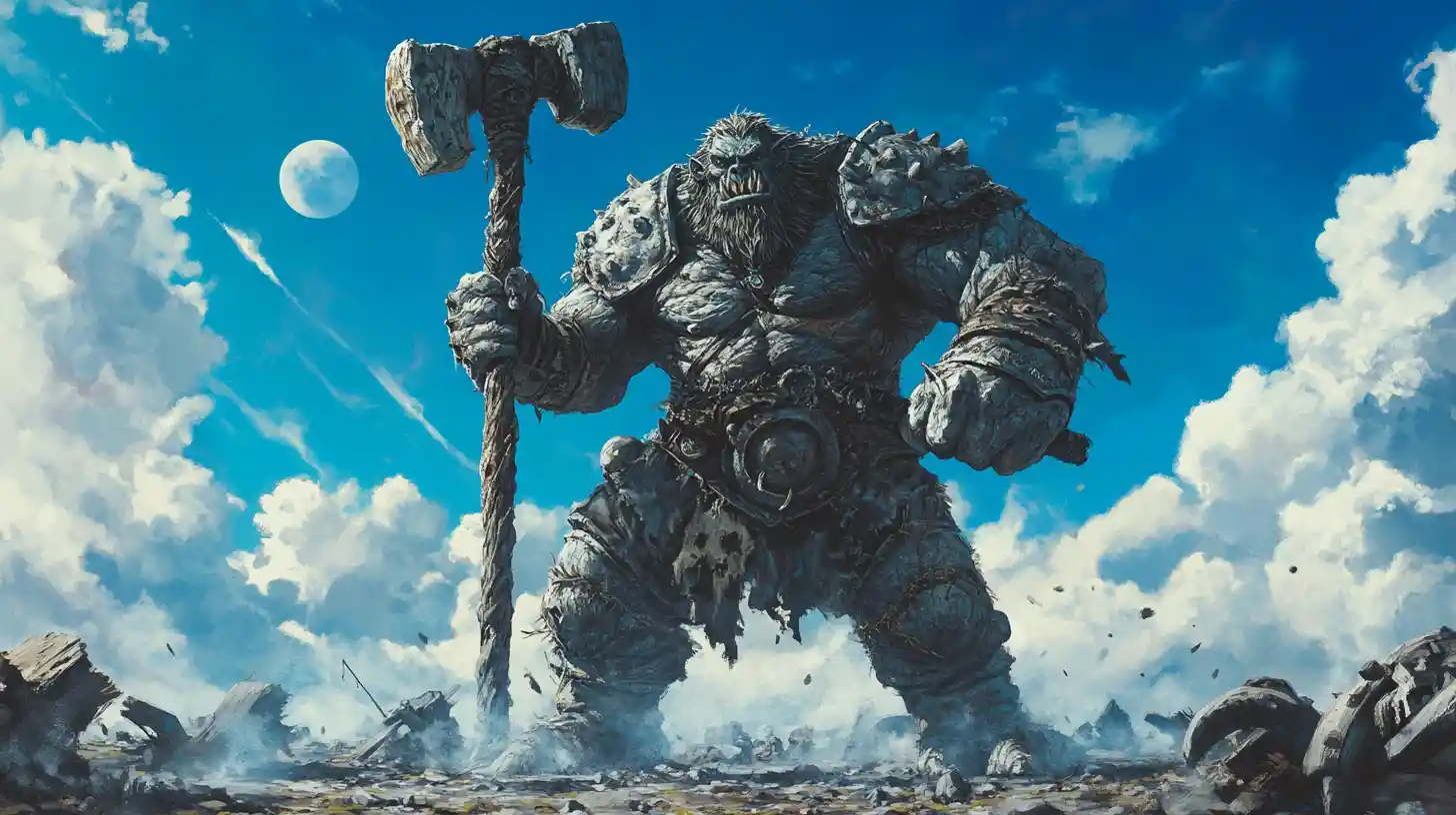 Armored troll raising a massive bone club on battlefield