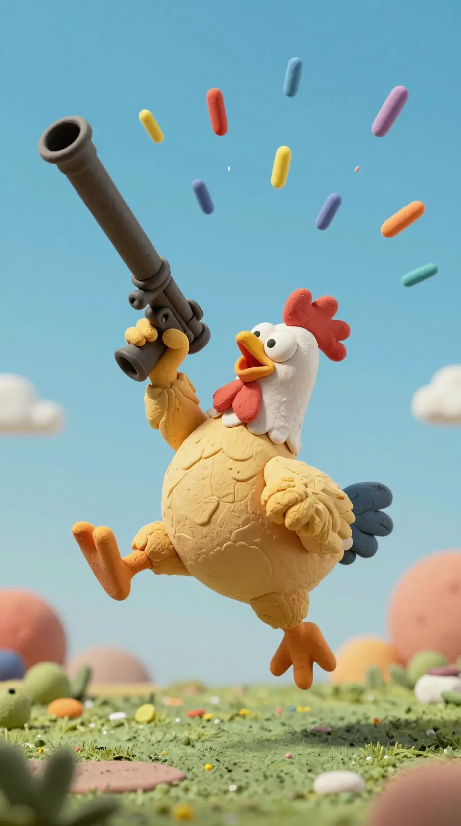 Pollo di plastilina stile cartone che salta con un enorme bazooka