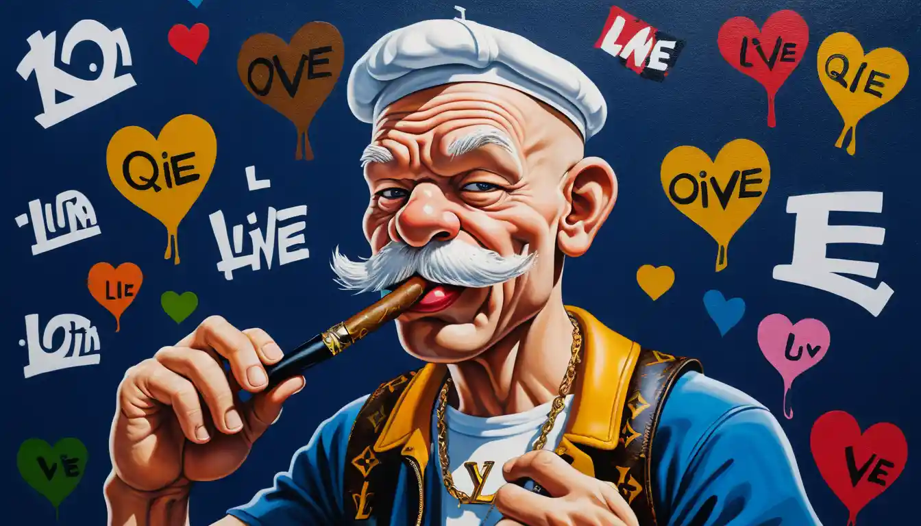 Pop-Art-Cartoon-Seemann an Graffiti-Wand mit Herzen