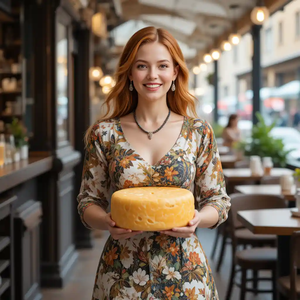 Lächelnde Frau im Kleid trägt Käse durch ein Café