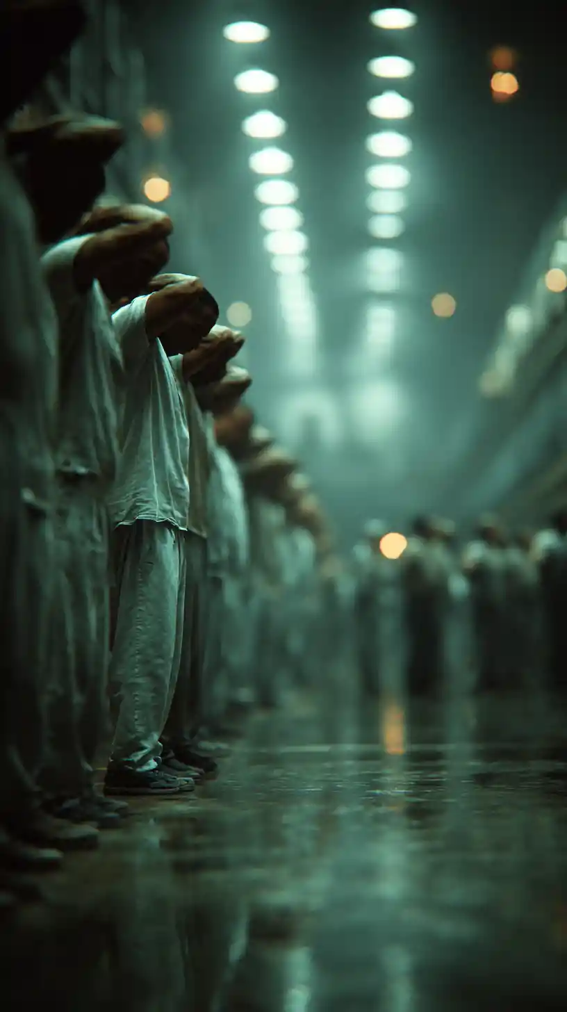 Latino prisoners sitting on the floor in a bright prison hall