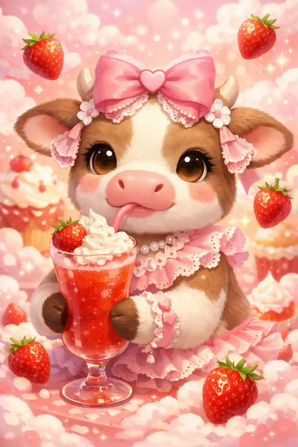 Dolce mucca che beve daiquiri alla fragola in un mondo di dessert da sogno
