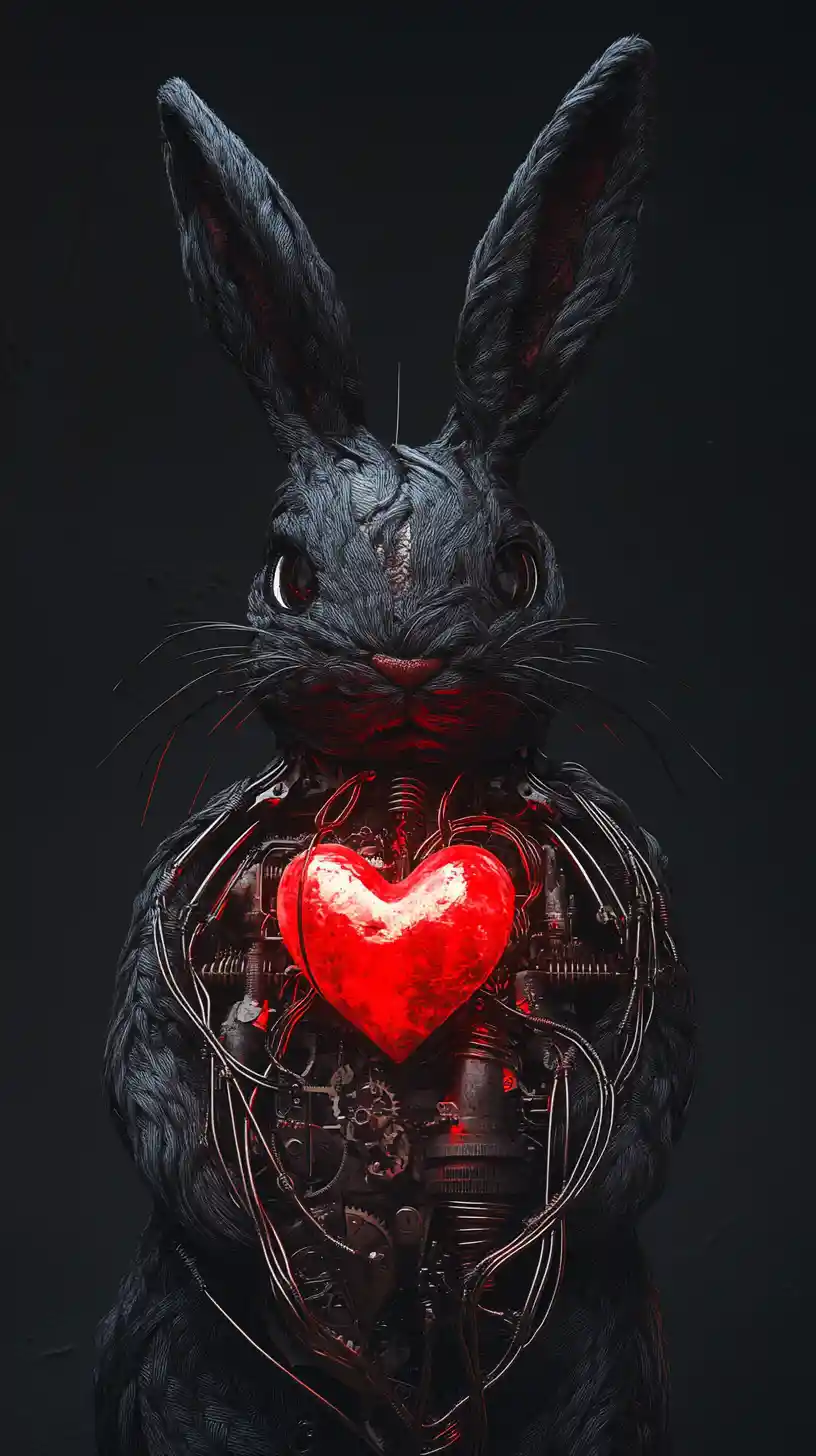 Gothic rabbit with clockwork ribs and glowing mechanical heart