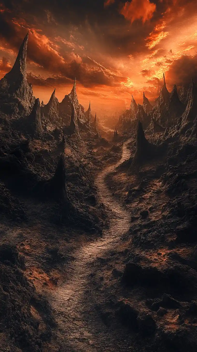 Surreal hellish path through jagged jaws under fiery sky
