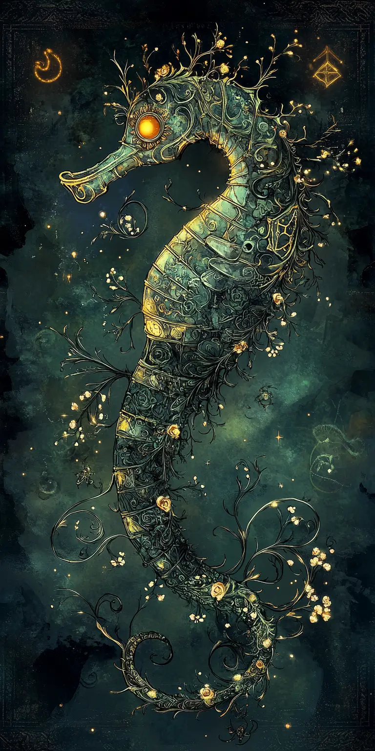 Ornate fantasy seahorse with gothic botanical patterns