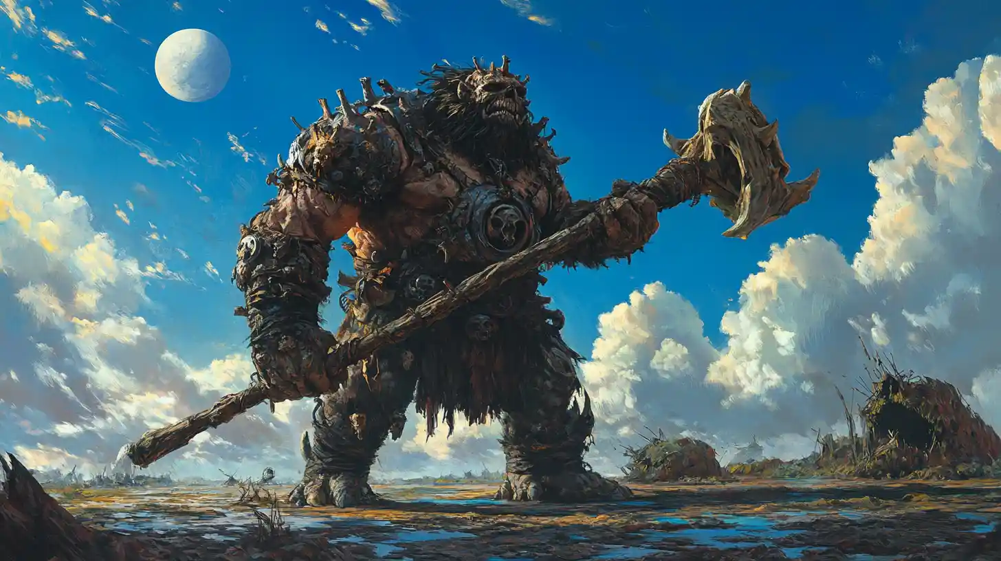 Armored troll brandishing bone club on muddy battlefield