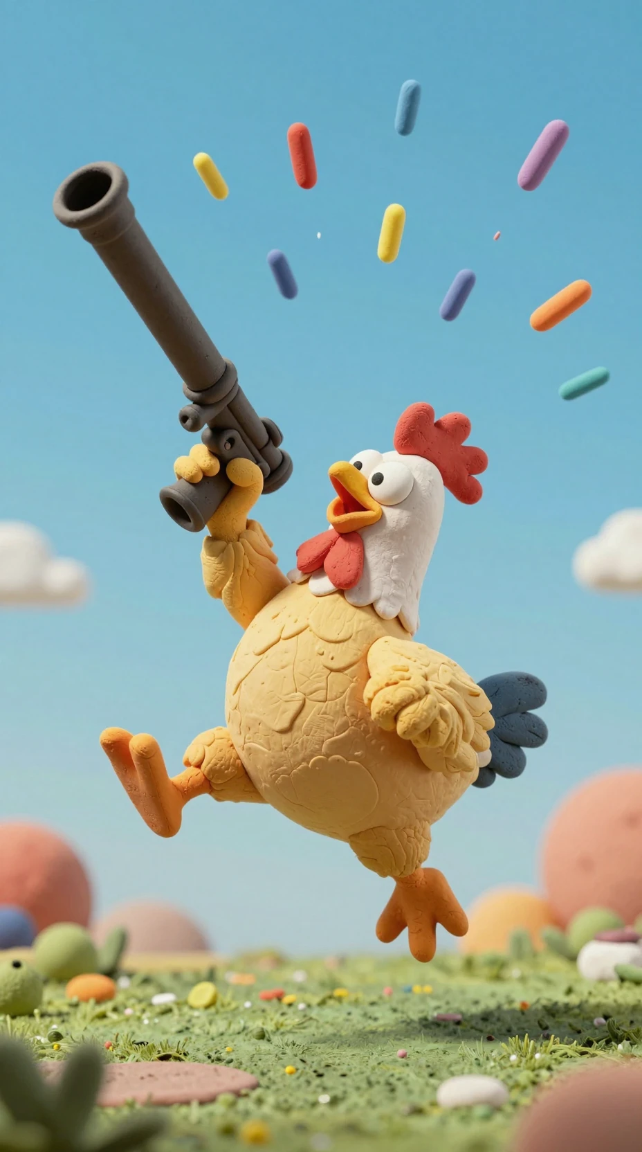 Clay cartoon chicken jumping with a huge bazooka