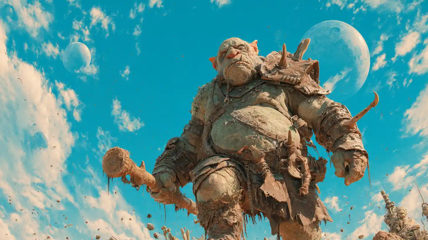 Armored troll raising a bone club on muddy battlefield