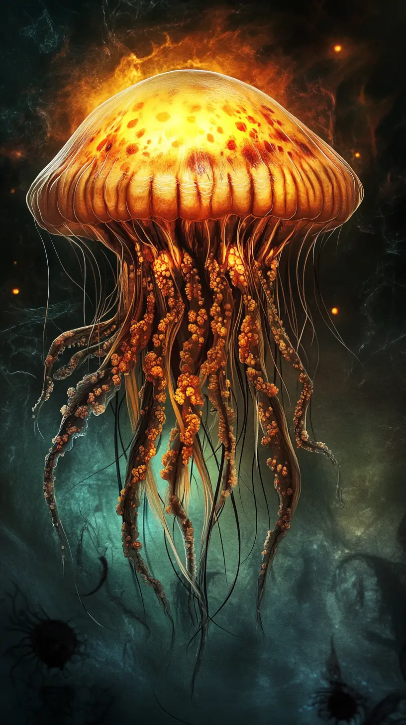 Surreal Jellyfish Rising From A Twisted Dark Abyss