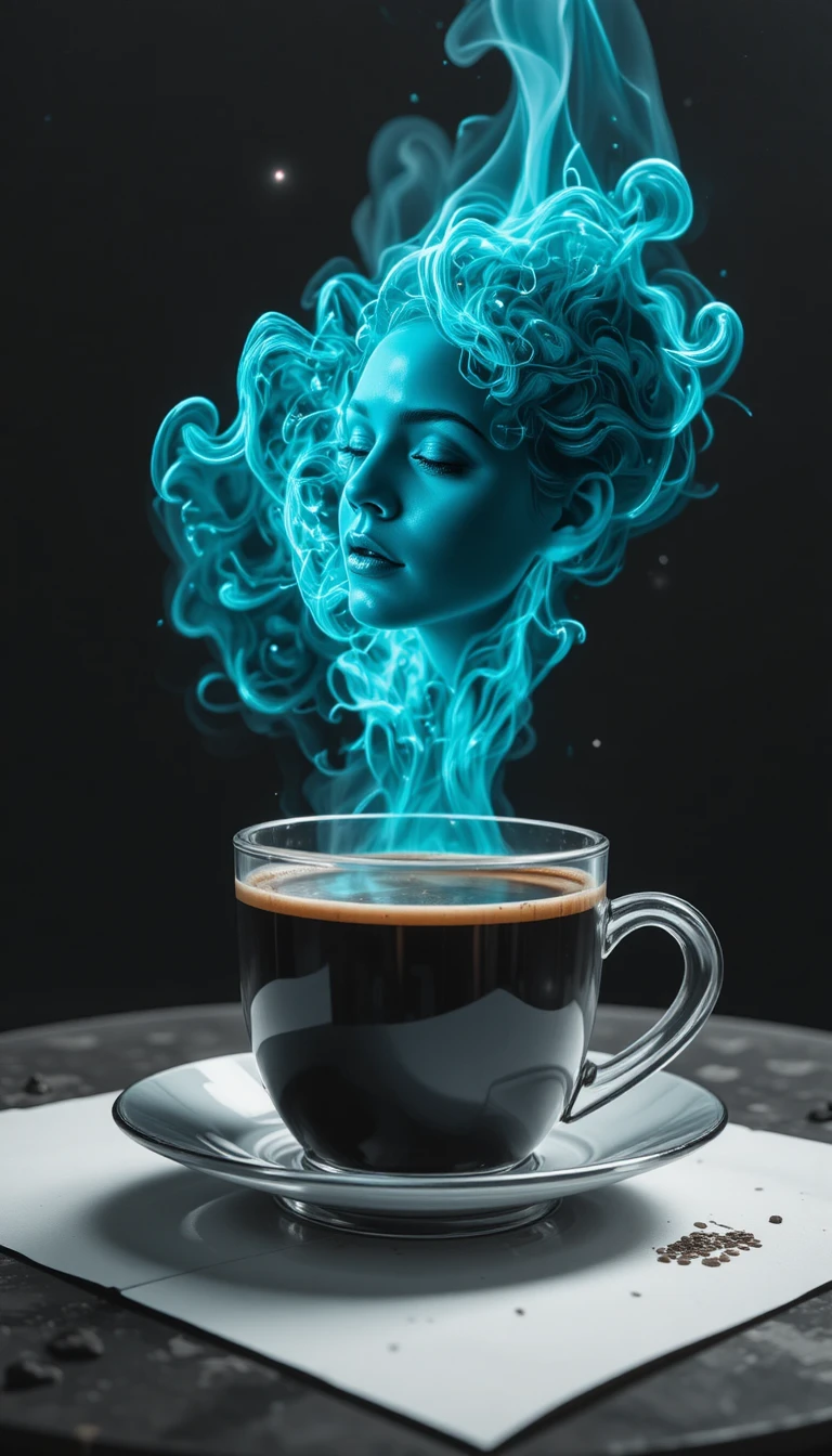 Mulher em miniatura flutuando sobre uma xícara de café fumegante