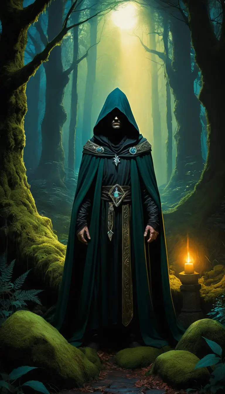 Capa com capuz encantada brilhando em um antigo altar da floresta