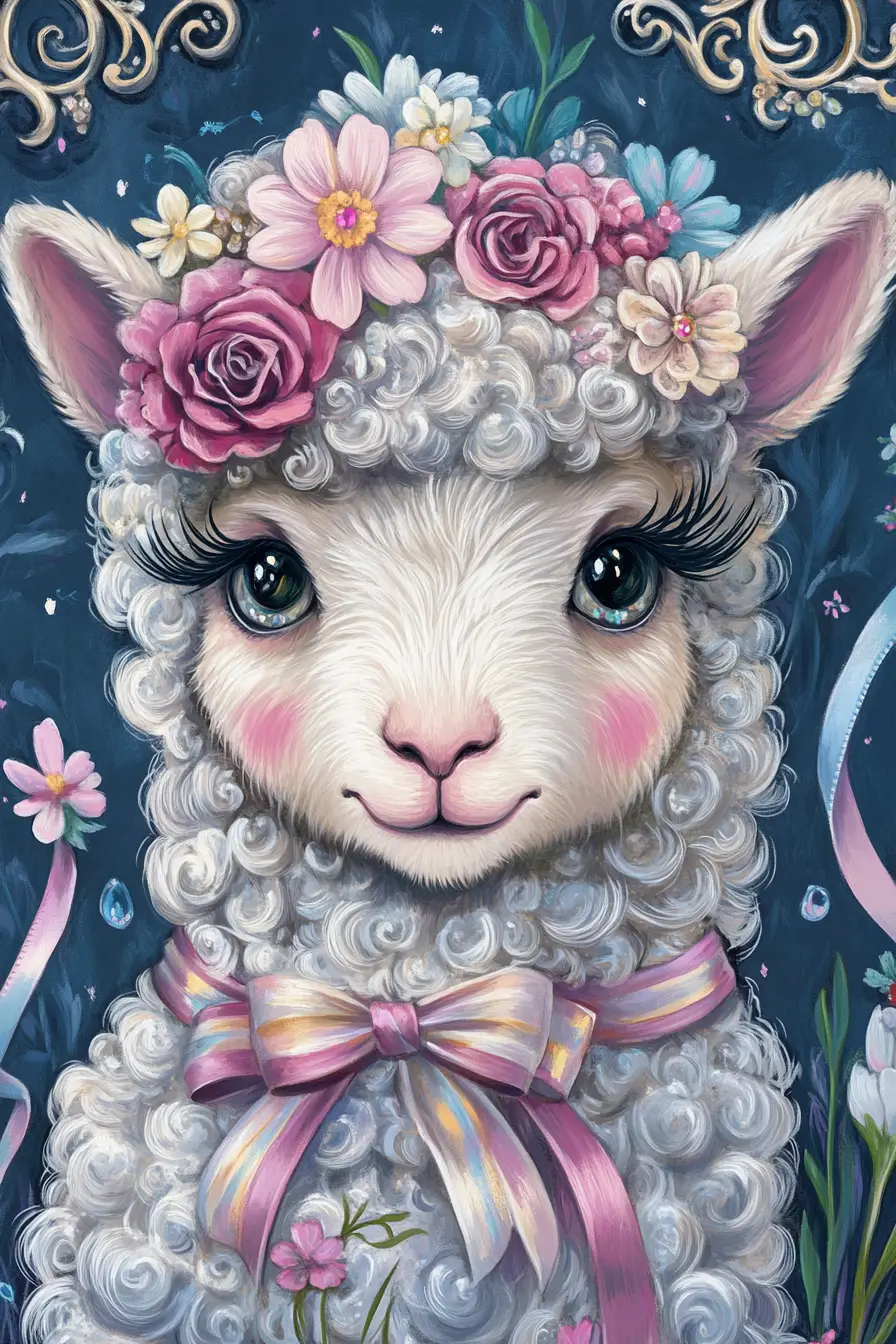 Fluffy lamb diva with pastel ribbons and flowers